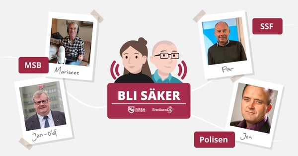 Bli säker-poddens logotyp och bilder på poddgäster från MSB, Polisen och SSF.