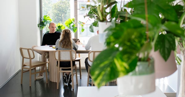 På bilden syns en man och en kvinna vid ett bord framför ett fönster. I förgrunden syns en grön växt i en blomkruka.