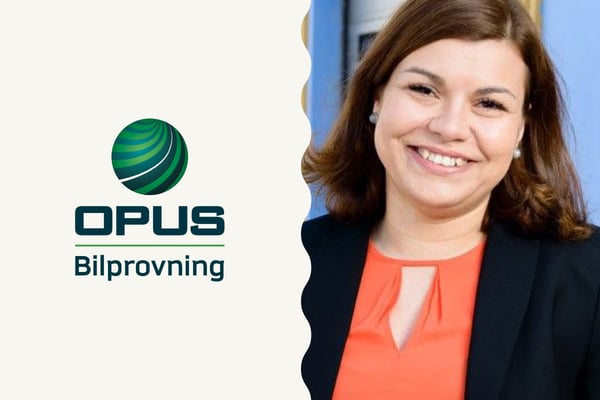 Bild på Opus bilprovning:s logotyp samt foto på Neslin Ayhan, IT-chef på Opus bilprovning