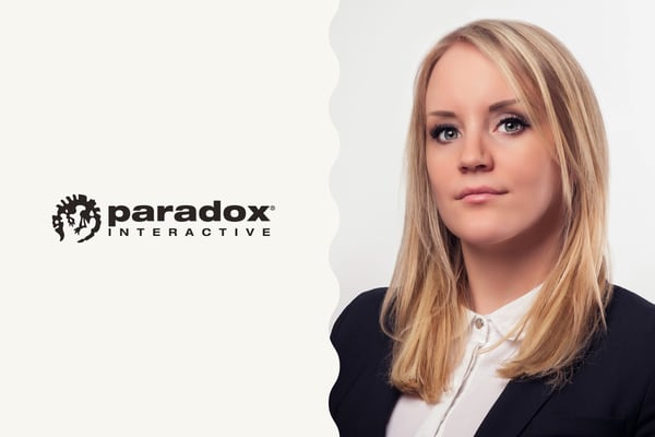 Bild på Paradox Interactive:s logotyp samt foto på Monika Nilimaa från Paradox Interactive