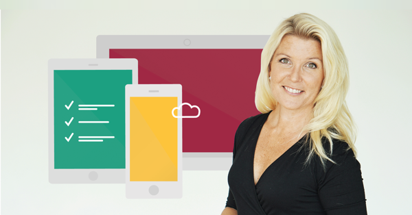 Fotografi på Karin Zingmark med illustrerad surfplatta och mobiltelefoner i bakgrunden.